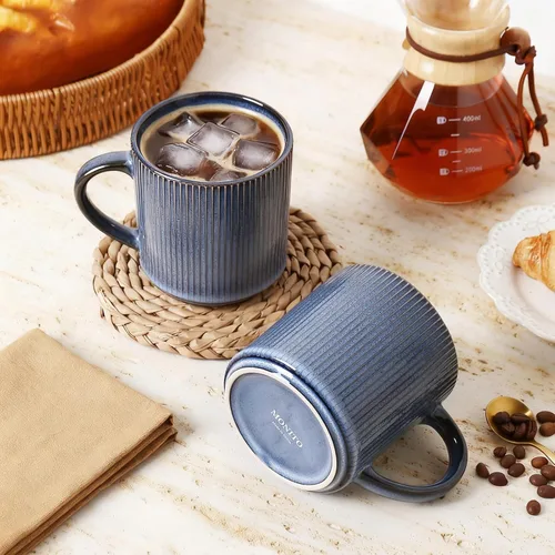 Miniatura 3 de MONITO Juego de 6 Tazas de Café de 16 Oz, Juego de Tazas de Café de Cerámica Rústica con Mango Grande, Vintage, Tazas de Café de Gres Rayadas