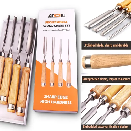 Miniatura 3 de ATOPLEE Juego de 4 cinceles de madera para carpintería, herramienta profesional de cincel de madera, gubia de carpintero CR-V, borde semicircular