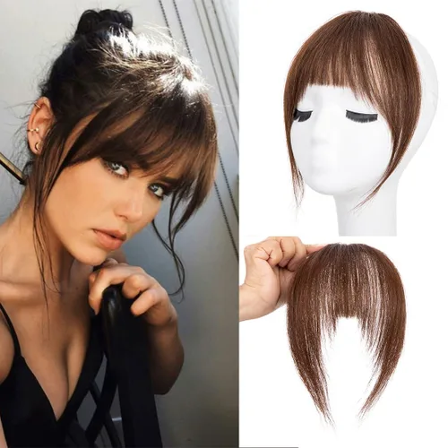 Miniatura 14 de Flequillo con clip, extensiones de cabello humano 100 % real, flequillo con clip para mujer, extensiones curvadas para uso diario