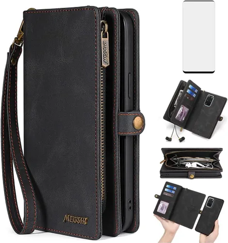 Asuwish Funda de teléfono para Samsung Galaxy S20 Plus/S20+ 5G con cremallera, funda desmontable con protector de pantalla y tarjetero abatible,