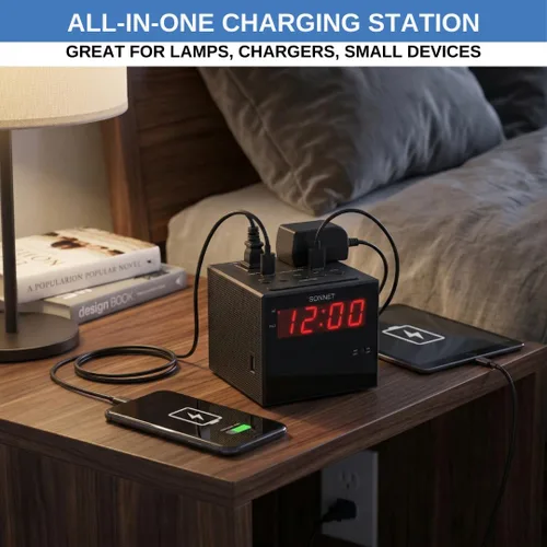 Miniatura 2 de Sonnet Estación de carga de reloj despertador, radio AM FM, puertos de carga USB duales, salidas de CA duales, reloj despertador muy fuerte