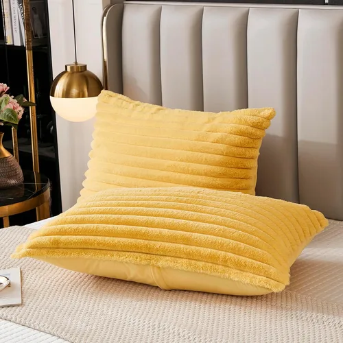 Miniatura 30 de Juego de 2 fundas de almohada para cama tamaño king, fundas de cojín rectangulares lumbares con diseño de rayas, forro de piel de conejo sintética