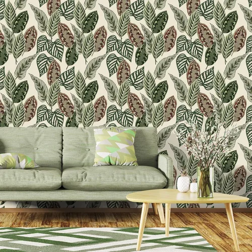 Miniatura 8 de VaryStyle Papel tapiz de hojas de palma tropicales de 17.7 x 118 pulgadas, color verde/beige, hojas de palmera botánicas, despegar y pegar, papel