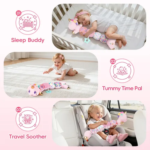 Miniatura 6 de Juguetes de unicornio para bebés de 6 a 12 meses, juguetes musicales de peluche para bebés para el tiempo boca abajo, juguetes sensoriales para Rosa