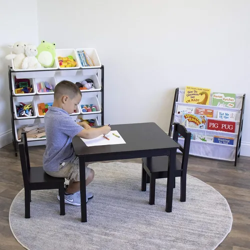 Miniatura 4 de Humble Crew Juego de muebles para niños con mesa, 4 sillas y organizador de juguetes (Espresso/Blanco)