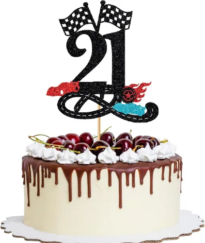 Miniatura 15 de Decoración para tartas de cumpleaños número 13, decoración para tartas de trece años con purpurina rápida, bandera a cuadros, pista de carreras