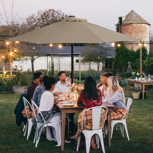 Miniatura 7 de Yaheetech - Paraguas de 9 pies con energía solar para patio - Paraguas de mesa de mercado con protección UV, 32 luces LED y botón de inclinación
