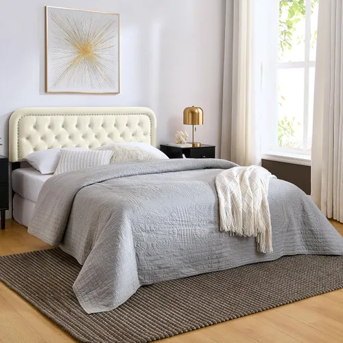 Miniatura 6 de Cabecera capitonada tapizada de tamaño individual – Cabecera de madera maciza con botones con altura ajustable – Cabecera moderna acolchada