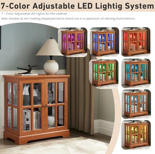 Miniatura 8 de Gabinete de 32 pulgadas de alto LED Accent Curio con 7 luces de color para coleccionables, gabinete de almacenamiento moderno con puertas de vidrio