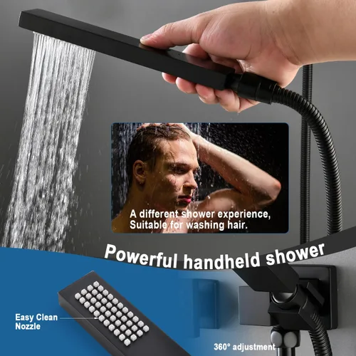 Miniatura 6 de Enga Sistema de ducha de lluvia negro mate con 4 chorros corporales, ducha de lluvia de 12 pulgadas montada en pared, sistema de cabezal de ducha