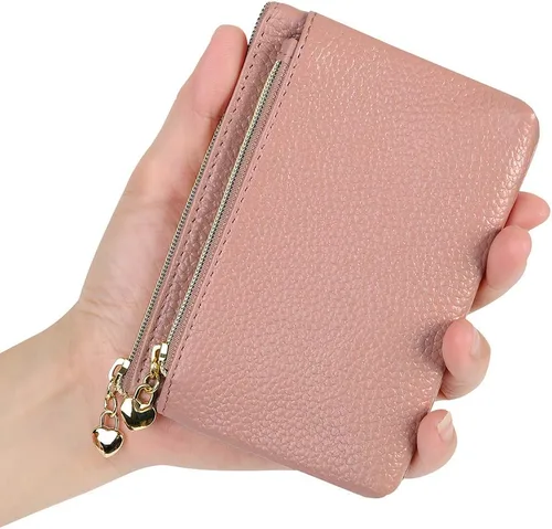 Miniatura 5 de Monedero de cuero genuino para mujer, con cremallera, tamaño de bolsillo, rosa oscuro