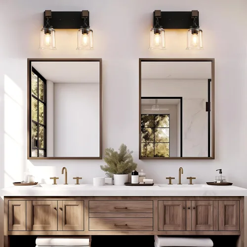 Miniatura 5 de VbiTmn Accesorios de Iluminación para Baño Estilo Granja, Lámpara de Tocador para Baño de 2 Luces Negro Mate, Estilo Industrial con Pantallas