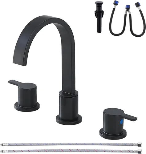 Grifo de baño negro de 3 agujeros, grifo de baño generalizado negro mate, boquilla giratoria tipo cascada de 360°, grifos de dos manijas de 8