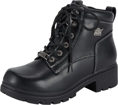 Dream Apparel Botas de equitación para mujer con cordones y cremallera lateral, botines de cuero sintético negro, botas de motociclista, botas de