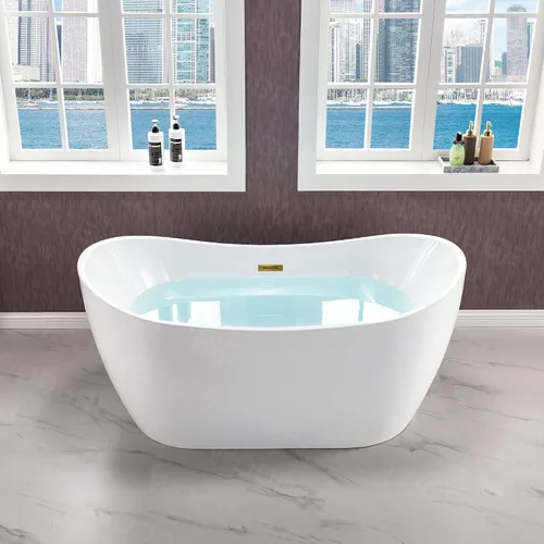 Miniatura 10 de WOODBRIDGE BTA1516 BG - Bañera independiente de acrílico de 59 pulgadas, bañera blanca de remojo contemporáneo con desbordamiento y drenaje de oro