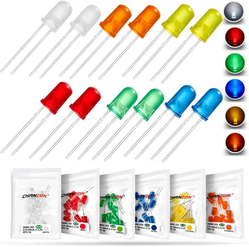CHANZON Paquete surtido de 60 luces LED de diodo de 0.197 in, lente redonda difusa DC 3V 20mA, lámpara de bombilla de iluminación surtida, variedad
