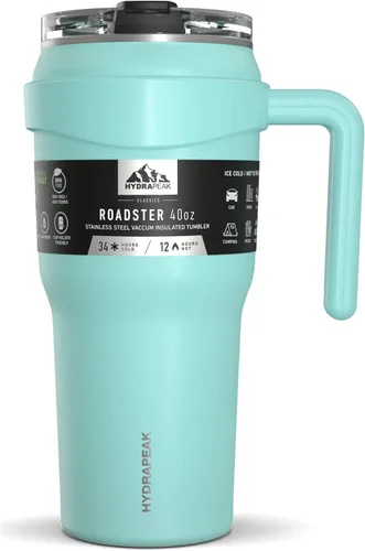 Hydrapeak Roadster - Botella de agua de acero inoxidable de 40 onzas con aislamiento al vacío de doble pared con asa y tapa con popote 2 en 1