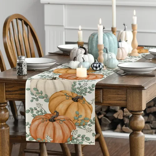 Miniatura 3 de Artoid Mode Camino de mesa de otoño con hojas de eucalipto y calabazas naranjas, decoración de mesa de comedor de cocina de Acción de Gracias