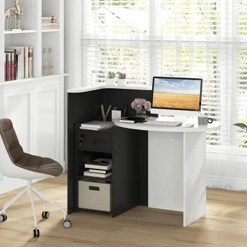 Miniatura 9 de Giantex Escritorio de recepción, mostrador delantero con cajón con cerradura, mesa de pago con mesa redonda, estante de esquina y estante ajustable