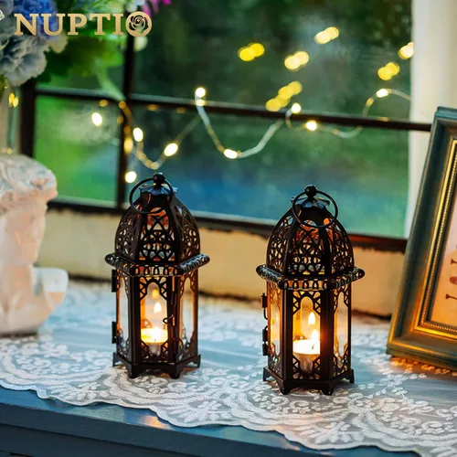 Miniatura 5 de NUPTIO Portavelas colgantes, 6 unidades, farol, centro de mesa, de cristal, hexagonal, marroquí, portavelas, color negro