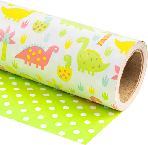 WRAPAHOLIC Papel de regalo reversible, mini rollo, 17 pulgadas x 33 pies, diseño de dinosaurio y lunares para cumpleaños de niños, fiestas, baby