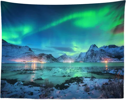 Miniatura 8 de BELECO Northern Lights - Tapiz de pared Aurora Borealis, 60 x 40 pulgadas, vista al lago y montañas de nieve, noche estrellada, tapiz de invierno