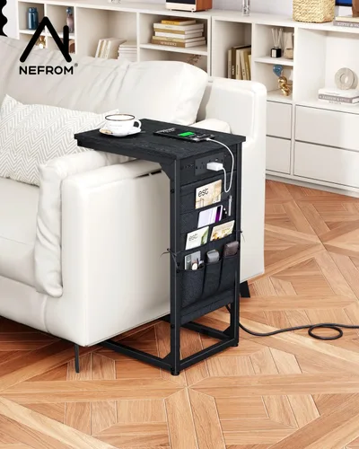 Miniatura 6 de Mesa auxiliar en forma de C con estación de carga rápida, mesa lateral pequeña para sofá con bolsa de almacenamiento, bandeja de TV para sofá
