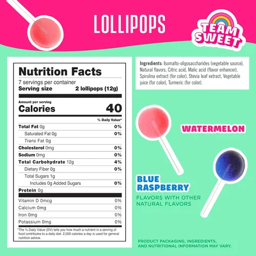 Miniatura 2 de SmartSweets Paletas, 3oz, sabor a frambuesa azul y sandía, caramelo duro con bajo contenido de azúcar (1g), bajo en calorías (40), sin edulcorantes