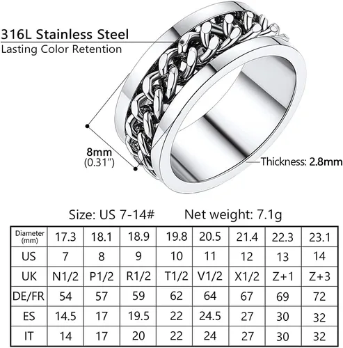 Miniatura 4 de PROSTEEL Anillo giratorio para hombre, anillos para ansiedad, cadena de eslabones cubanos giratoria de 0.315 in, anillo grueso, tamaño 6-14, grabado