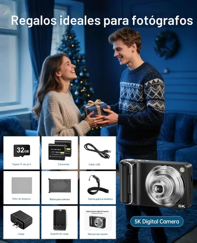 Miniatura 8 de Cámara digital 5K para fotografía con zoom óptico 6X, cámara WiFi de enfoque automático de 64 MP para YouTube con doble lente, cámaras digitales