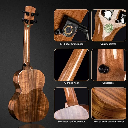 Miniatura 3 de AKLOT Ukelele de acacia completamente sólido, ukelele con tono súper cálido para profesionales, principiantes y adultos, kit con cursos en línea