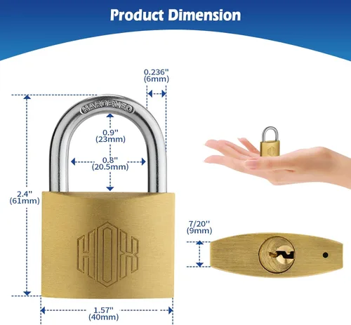 Miniatura 2 de HOX Candado de latón macizo con llave diferente con cuerpo de 1-9/16 pulgadas de ancho, cilindro de latón, para cerrojo, cobertizos, vallas