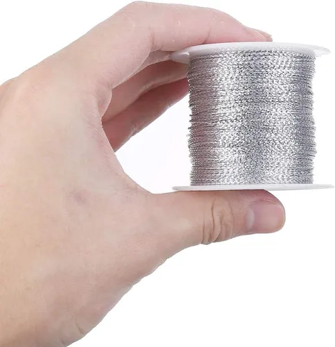 Miniatura 2 de Cuerda metálica plateada de 0.039 in, hilo no elástico para hacer joyas, etiquetas colgantes, 328.1 ft/109 yardas Plata