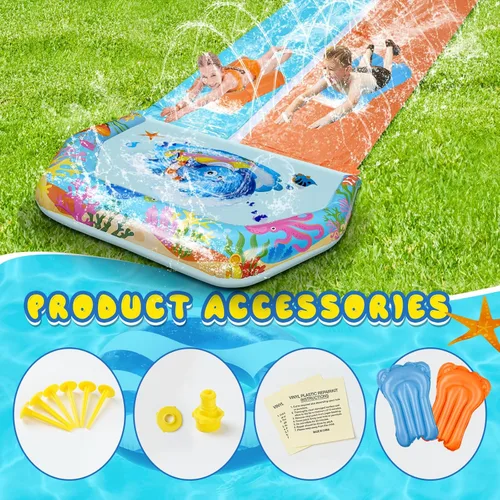 Miniatura 6 de Toboganes de agua dobles de 40 pies para niños y adultos, toboganes de agua extralargos con 2 bodyboards, resistentes, juguetes inflables gigantes