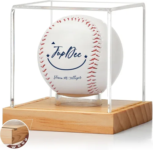 JupDec Estuche de exhibición de béisbol, soporte de béisbol transparente con base de madera, caja de soporte de béisbol con autógrafo para pelota