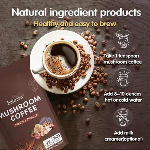 Miniatura 6 de Café de Hongos, 6 Hongos Adaptogénicos (Melena de León, Cordyceps, Cola de Pavo y Otros) Mezclados con Café Instantáneo Premium para Concentración