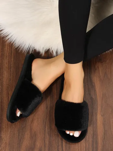 Miniatura 3 de Verdusa Pantuflas de piel sintética esponjosa con punta abierta para mujer
