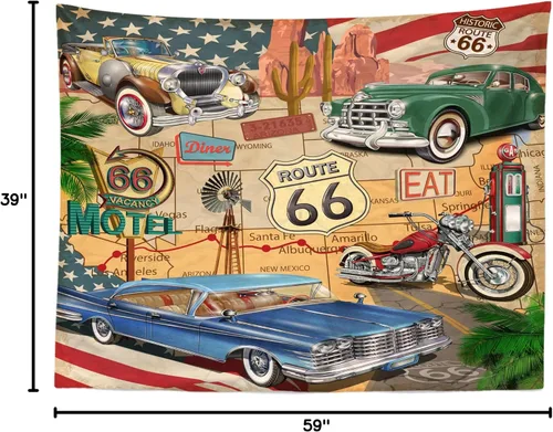 Miniatura 8 de BELECO Telón de fondo de fotografía con temática Route 66, tela de 5 x 3 pies, diseño retro de mapa de carretera, motel, motocicleta, autos, Arizona