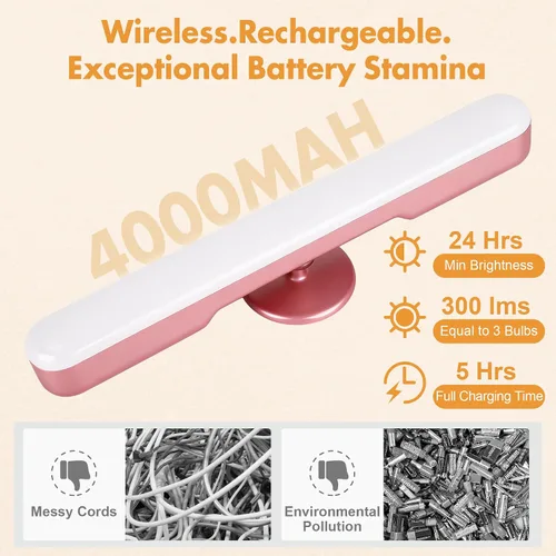 Miniatura 4 de Juego de 2 luces inalámbricas de maquillaje para espejo, barra de luz LED recargable para espejo de baño con 3 CCT regulables, luz inalámbrica