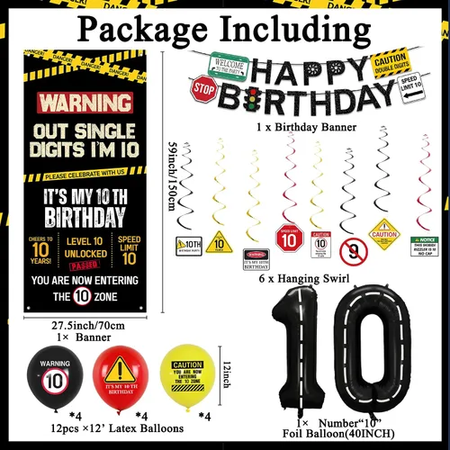 Miniatura 2 de Roetyce Decoraciones de cumpleaños número 10 para niños y niñas, pancarta negra de un dígito con la frase "I'm 10", globos colgantes en espirales