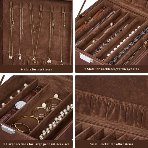 Miniatura 5 de BEWISHOME Caja organizadora de collares, organizador de almacenamiento para cadenas, pulseras, 12 compartimentos (7 regulares + 5 grandes), 6