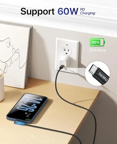 Miniatura 2 de Cable USB C a USB C de 90 grados, paquete de 2 cables de carga de 6 pies y 60 W, para iPhone 17 Pro Max, trenzado de ángulo recto largo tipo C, Negro