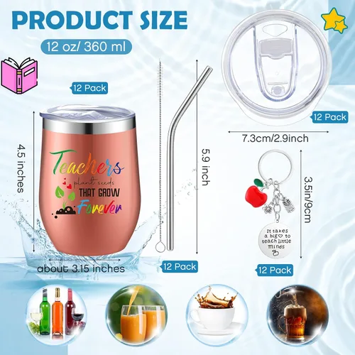 Miniatura 2 de Nuanchu Juego de 12 vasos de vino de acero inoxidable con tapas y popotes, regalos de agradecimiento para profesores, regalos de Navidad, 12 onzas