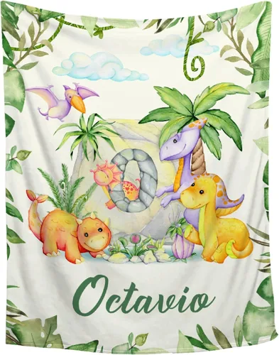 Miniatura 30 de Manta de franela de vellón de dinosaurio con nombre para niñas y niños recién nacidos, regalos personalizados, manta de forro polar suave