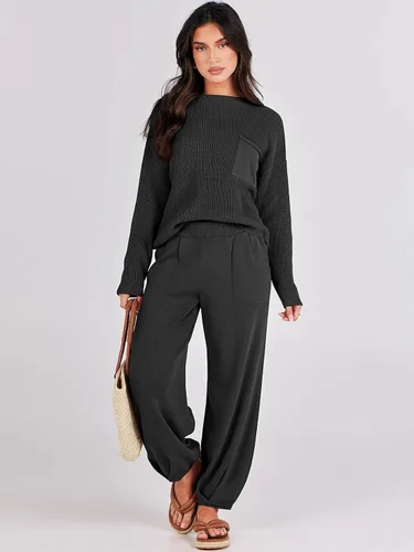 Miniatura 3 de Prinbara Conjunto de 2 piezas para mujer, suéter de punto para otoño, pantalones de gran tamaño, conjunto casual de descanso