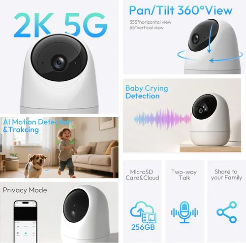 Miniatura 4 de Rraycom - Cámara interior 5G y 2.4G, cámara de seguridad de 2K con inclinación panorámica para monitor de bebé con detección de llanto, cámara