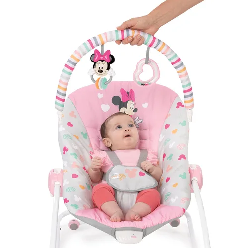 Bright Starts Disney Baby MINNIE Mouse - Mecedora y asiento para bebés y niños pequeños con vibraciones y barra de juguete extraíble, de 0 a 30