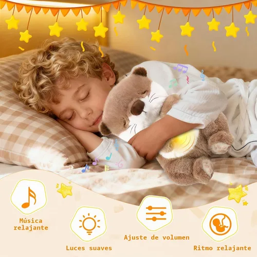 Miniatura 9 de LUKETURE Peluche de nutria respiratoria con movimiento rítmico, luz nocturna suave y ruido blanco, compañero de peluche calmante para relajación