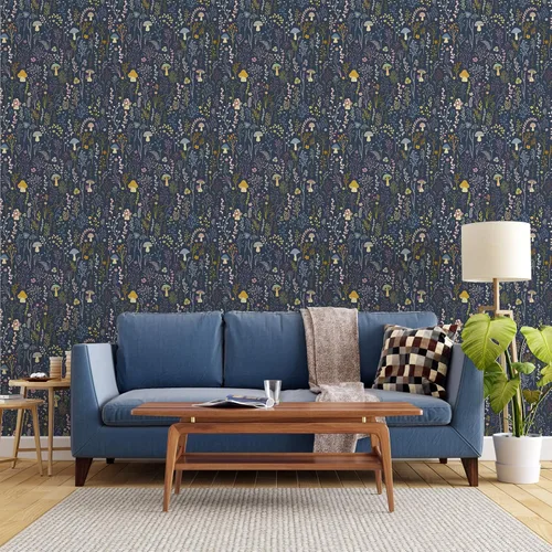 Miniatura 3 de Papel tapiz bohemio para despegar y pegar, papel tapiz autoadhesivo extraíble de vinilo de hongos azules para decoración de dormitorio, 17.3 x 236