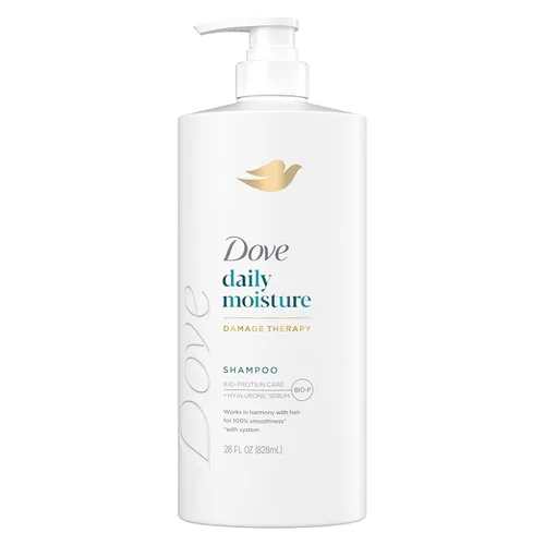 Dove Damage Therapy Champú de humedad diaria para cabello seco con tecnología de cuidado de bio-proteínas y suero hialurónico, 28 onzas líquidas
